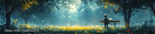Reading Alone in a Tranquil Forest with Soft Light. Generative AI photo