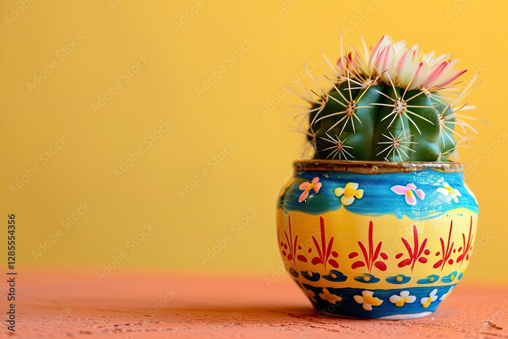 Pixel Perfect Picture of Cactus in a Beautifully Decorated Pot on Table Pixel Perfect Picture of Cactus in a Beautifully Decorated Pot on Table