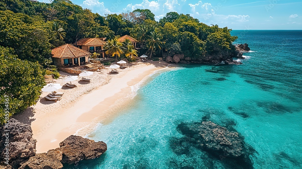 Obraz premium Escape to this picturesque island, where tropical vegetation meets a serene beach, offering a peaceful retreat