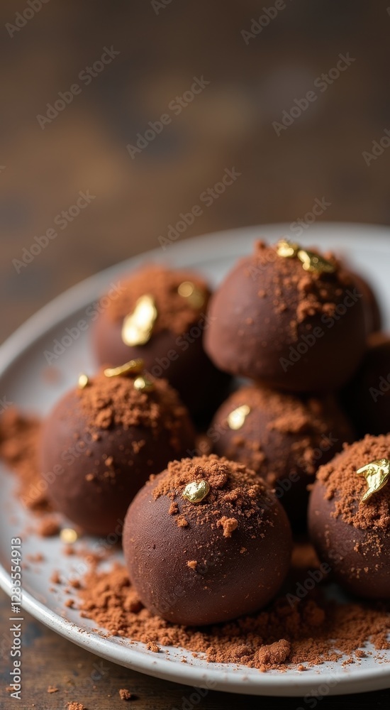 Chocolate truffles on a plate with a sprinkled of cocoa powder Chocolate truffles on a plate with a sprinkled of cocoa powder