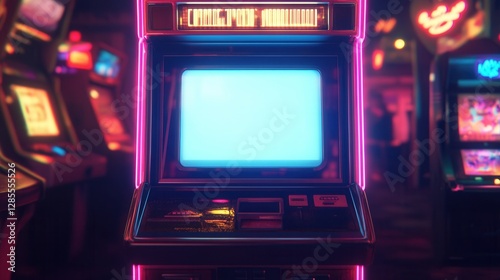 Glowing Arcade Machine with Blank Screen in a Retro Video Game Center at Night