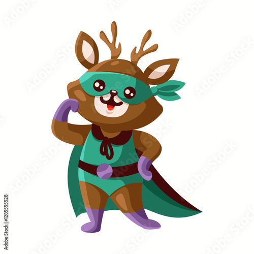 Illustration of a cheerful cartoon deer dressed as a superhero wearing a mask and cape standing confidently. The character has antlers and a vibrant outfit.