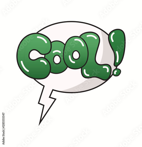 Illustration of the word cool in green cartoon letters within a speech bubble. The playful style gives a fun and enthusiastic impression. Ideal for comics or playful designs.