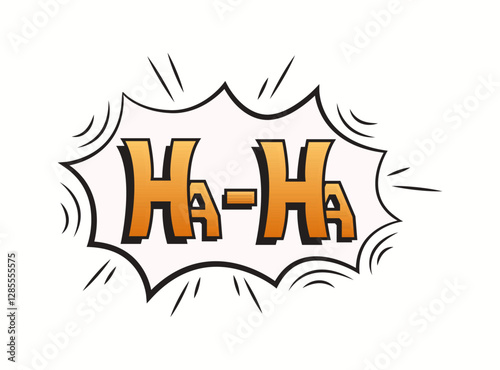 Illustration of comic style text haha in an orange gradient speech bubble. Vibrant pop art design emphasizes humor and fun in a classic comic font and style.