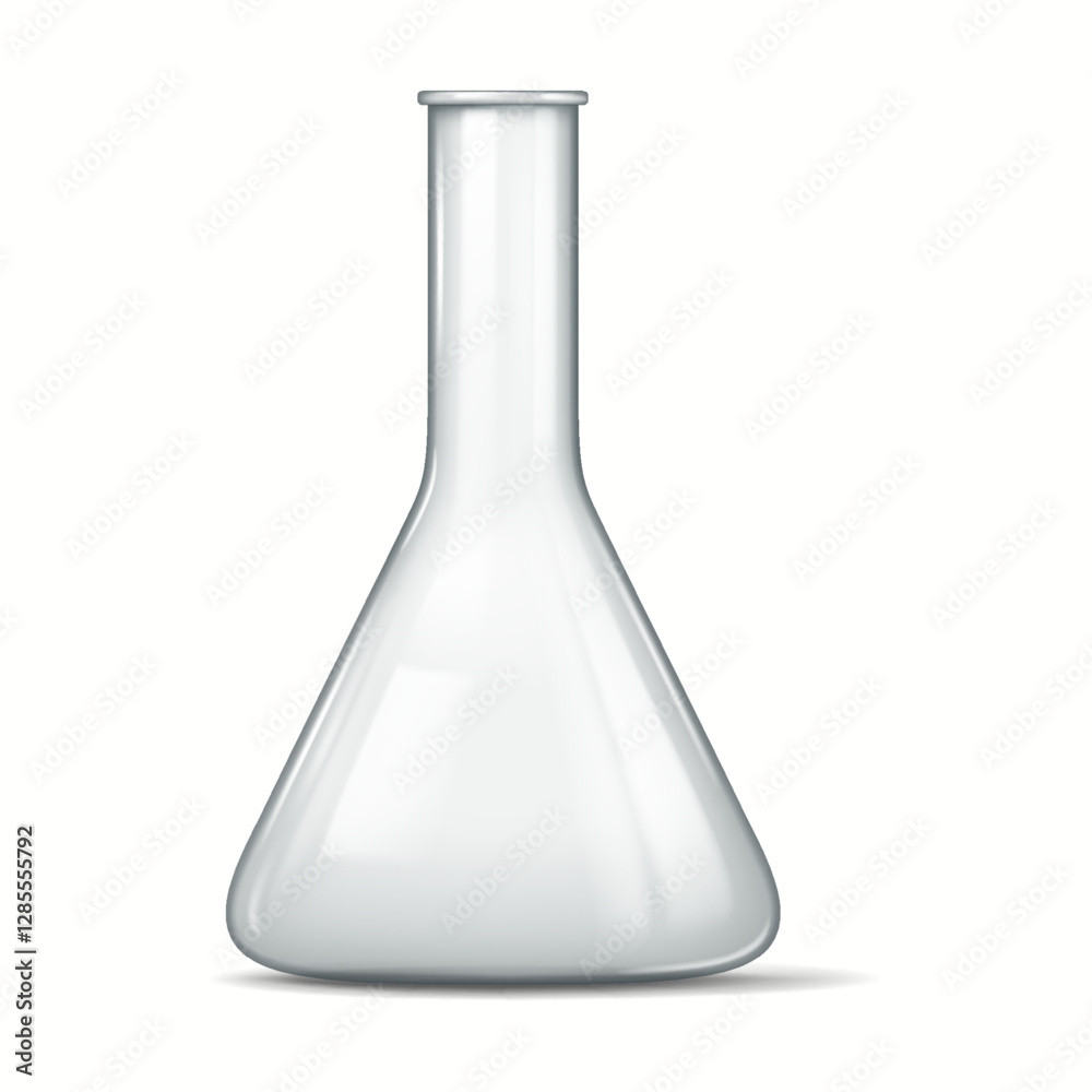 Detailed illustration of a transparent laboratory Erlenmeyer flask with a wide base and a narrow neck used for chemical experiments and laboratory work. Detailed illustration of a transparent laboratory Erlenmeyer flask with a wide base and a narrow neck used for chemical experiments and laboratory work.