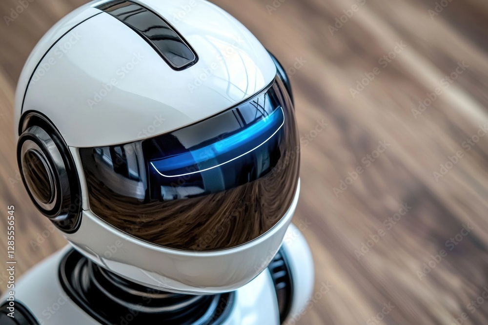 Fototapeta premium Close-up view of a white household robot on a wood floor in a modern setting