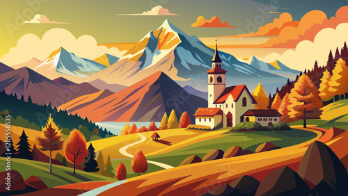 Iconic picture of Bavaria with Maria Gern church with Hochkalter peak on background. Fantastic autumn sunrise in Alps. Superb evening landscape of Germany countryside. Traveling concept