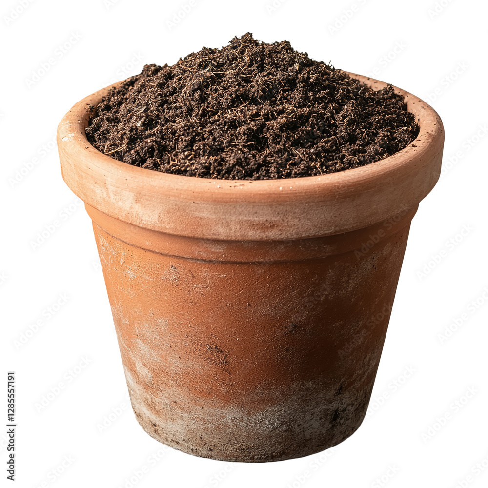 Terracotta Pot Filled with Rich Dark Soil, Isolated on a White Background Terracotta Pot Filled with Rich Dark Soil, Isolated on a White Background