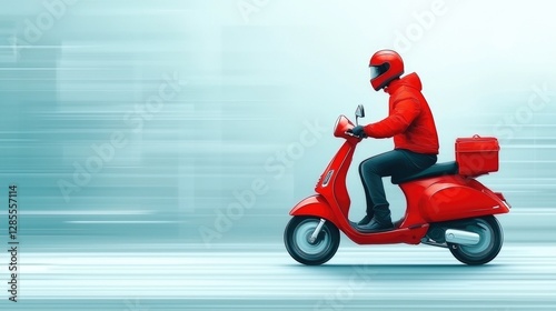 Delivery man on scooter navigating busy city streets for food delivery service