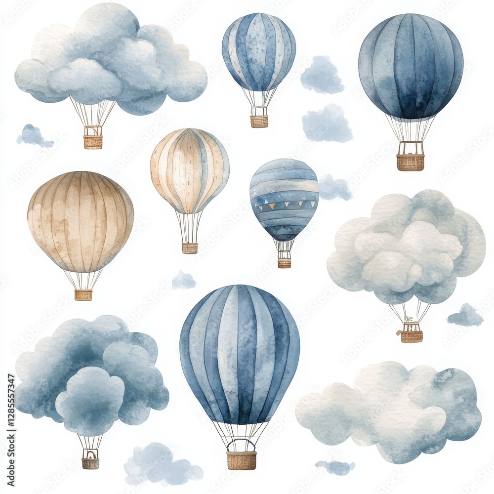 Obraz premium watercolor painting of hot air balloons and fluffy clouds, evoking a sense of adventure and dreaminess