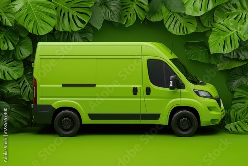 Eco-friendly delivery van surrounded by lush green plants representing sustainability
