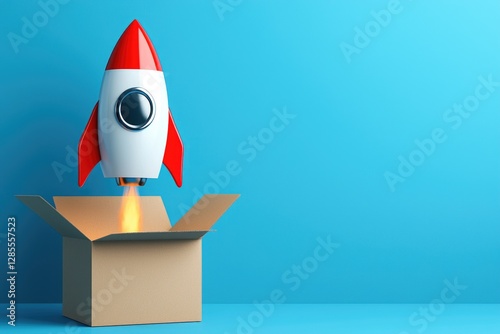 Fast delivery concept with rocket launching from a cardboard box for quick shipping