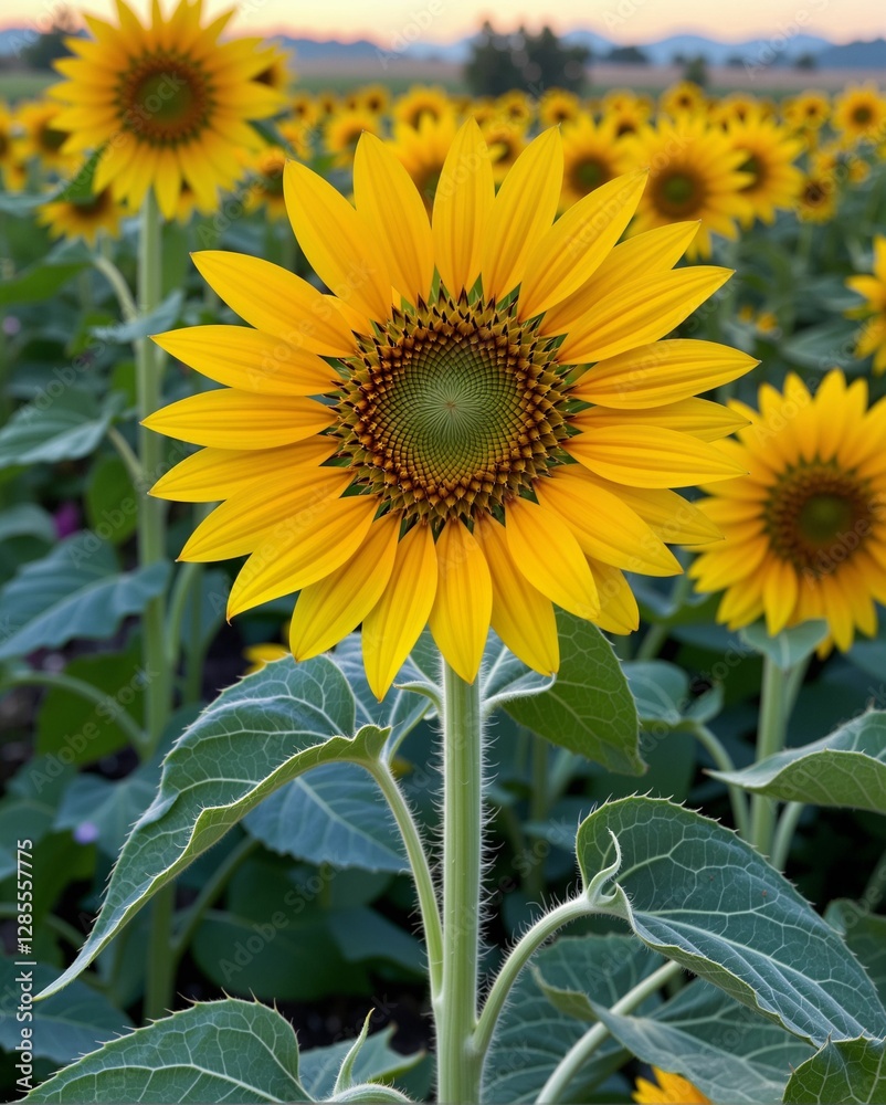 Obraz premium A vibrant sunflower stands tall among a field of blooming sunflowers, showcasing its bright yellow petals and intricate center.