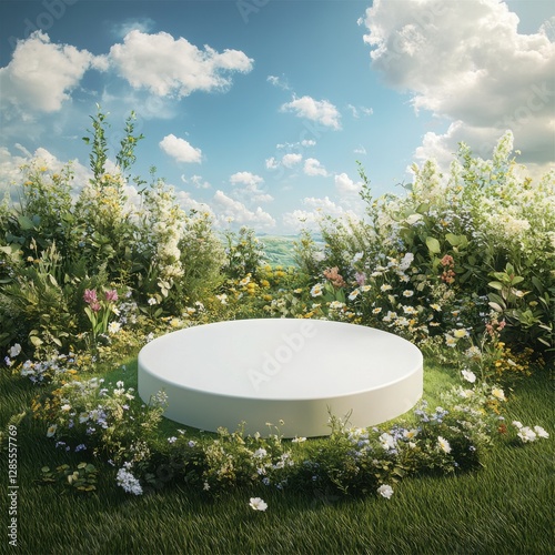 White Pedestal in Spring Wildflower Meadow