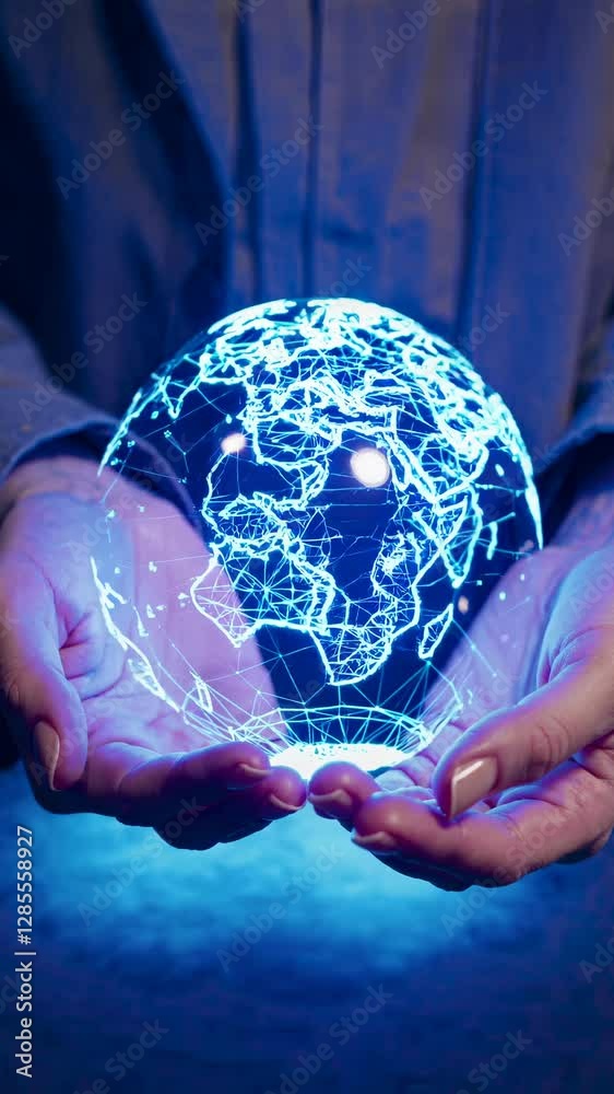 A futuristic video concept showing hands holding a glowing digital globe. The low-angle shot emphasizes the virtual Earth's vibrant network design. Suitable as mobile wallpaper.