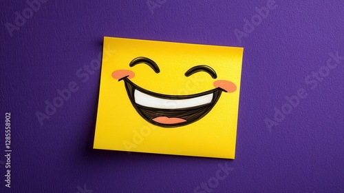 Bright Yellow Smiley Face on Sticky Note Against Purple Background