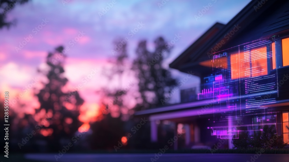 Fototapeta premium Smart home at dusk, projected interface