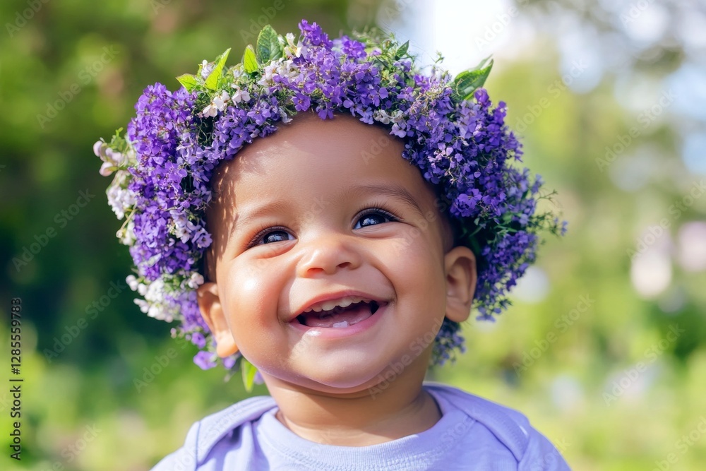 Sunny daylight. Smiling mixed-race infant boy with tt hair wearing purple flower circlet on his head. Happy vacation time holidays visual idea. Child’s holiday escape in nature. Sunny daylight. Smiling mixed-race infant boy with tt hair wearing purple flower circlet on his head. Happy vacation time holidays visual idea. Child’s holiday escape in nature.