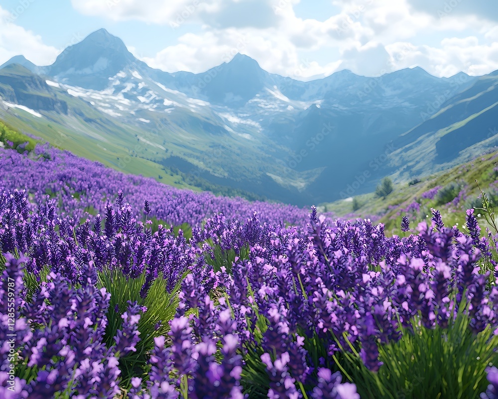 Serene Lavender Fields in Idyllic Mountain Valley Landscape Serene Lavender Fields in Idyllic Mountain Valley Landscape