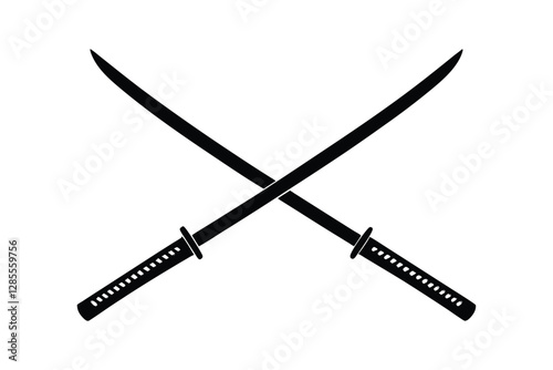 Silhouette art design of two crossed katanas with curved blades and traditional Japanese hilts.eps