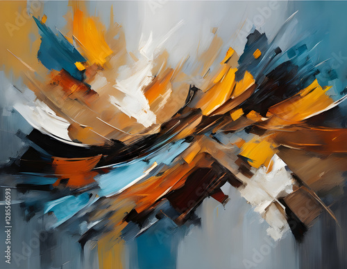 The modern abstract oil painting includes paint blobs knife strokes, large oil strokes, stylish modern art background