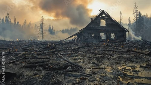 Aftermath of Destruction: A haunting image of a burned-down cabin stands amidst a landscape of devastation, shrouded in smoke, and conveying the aftermath of a natural disaster.