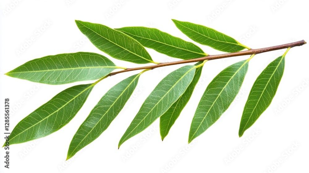 Discover the vibrant beauty of nature with this captivating image of a lush green branch, showcasing the intricate details of its leaves against a pristine white background, perfect for adding a Discover the vibrant beauty of nature with this captivating image of a lush green branch, showcasing the intricate details of its leaves against a pristine white background, perfect for adding a