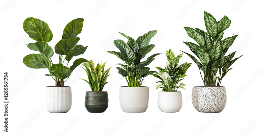 Fototapeta premium Minimalist botanical decor – Five common indoor houseplants with vibrant green foliage, isolated on a clean white background, ideal for interior design.