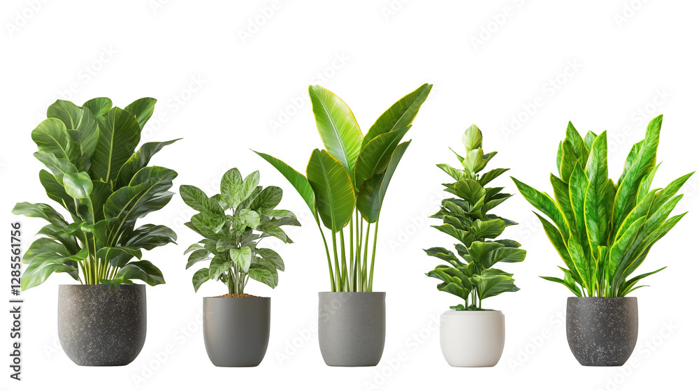 Fototapeta premium Minimalist botanical decor – Five common indoor houseplants with vibrant green foliage, isolated on a clean white background, ideal for interior design.