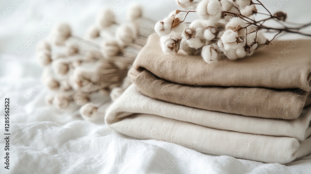 Soft Neutral Fabric Stack with Delicate Cotton Blooms on White Background for Cozy Decor