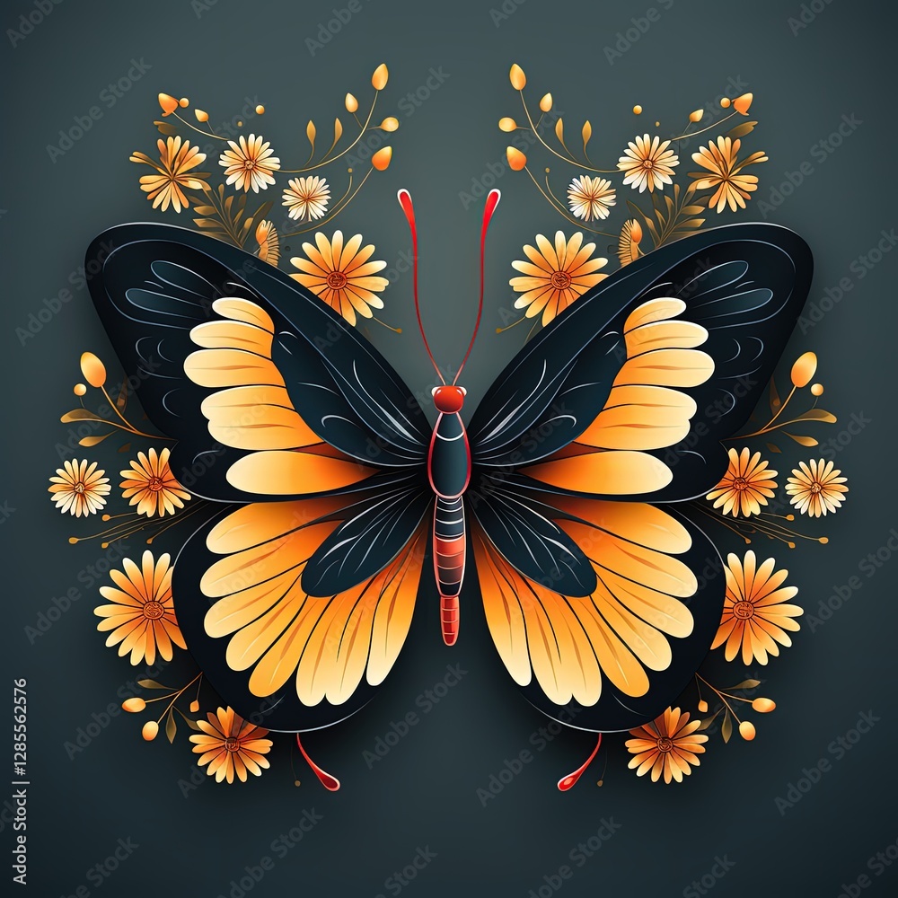 Obraz premium Minimalistic Vector Butterfly Illustration with Dark and Orange Colors