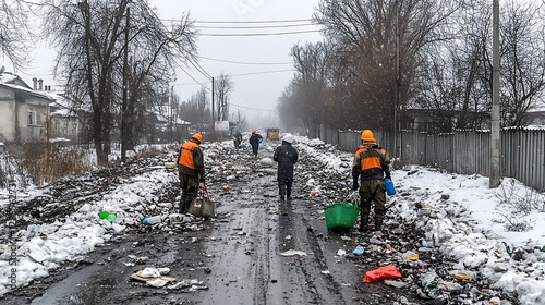 Winter Street Cleanup: Workers Clearing Debris on a Snowy Road AI Generated