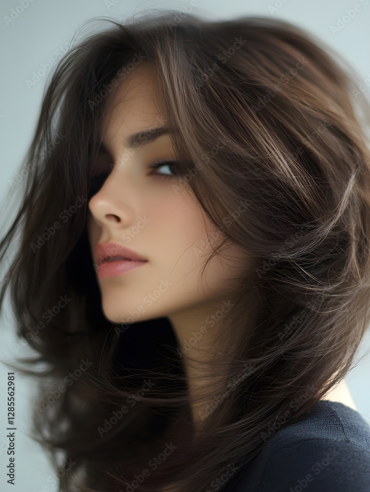 Closeup of Woman with Luxurious Voluminous Brown Hair Captured in Soft Light : Generative AI Closeup of Woman with Luxurious Voluminous Brown Hair Captured in Soft Light : Generative AI
