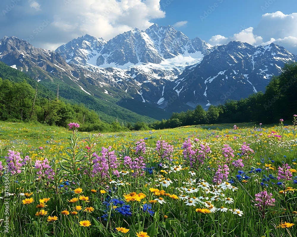Obraz premium Glowing Alpine Meadow Surrounded by Jagged Peaks and Colorful Wildflowers Under Serene Sky
