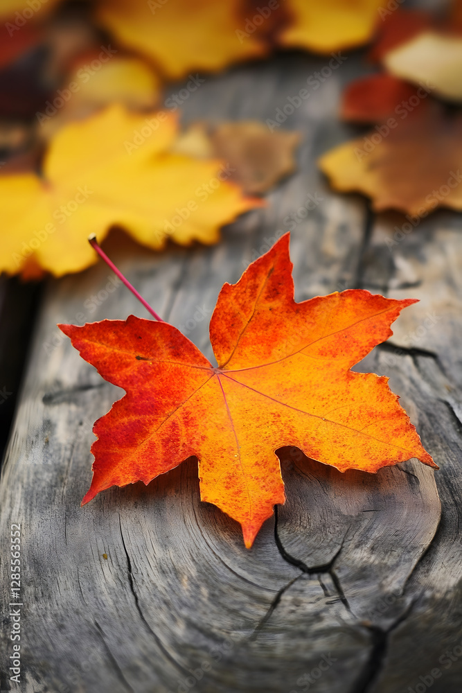 Vibrant Autumn Maple Leaf Resting on Weathered Rustic Wooden Surface : Generative AI Vibrant Autumn Maple Leaf Resting on Weathered Rustic Wooden Surface : Generative AI