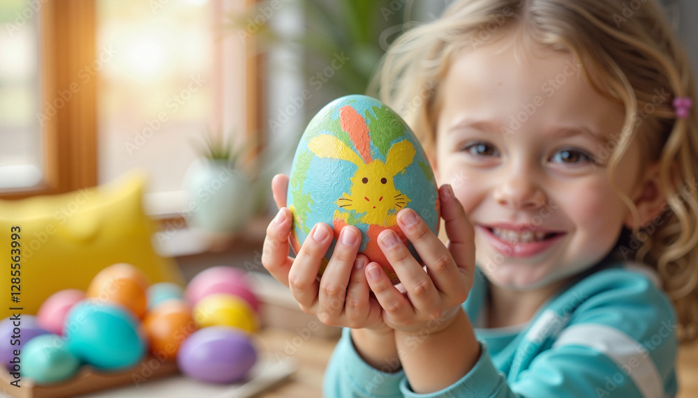 A smiling child proudly holds a painted Easter egg against a cozy home background. This image celebrates the joy of Easter traditions and family creativity. A smiling child proudly holds a painted Easter egg against a cozy home background. This image celebrates the joy of Easter traditions and family creativity.