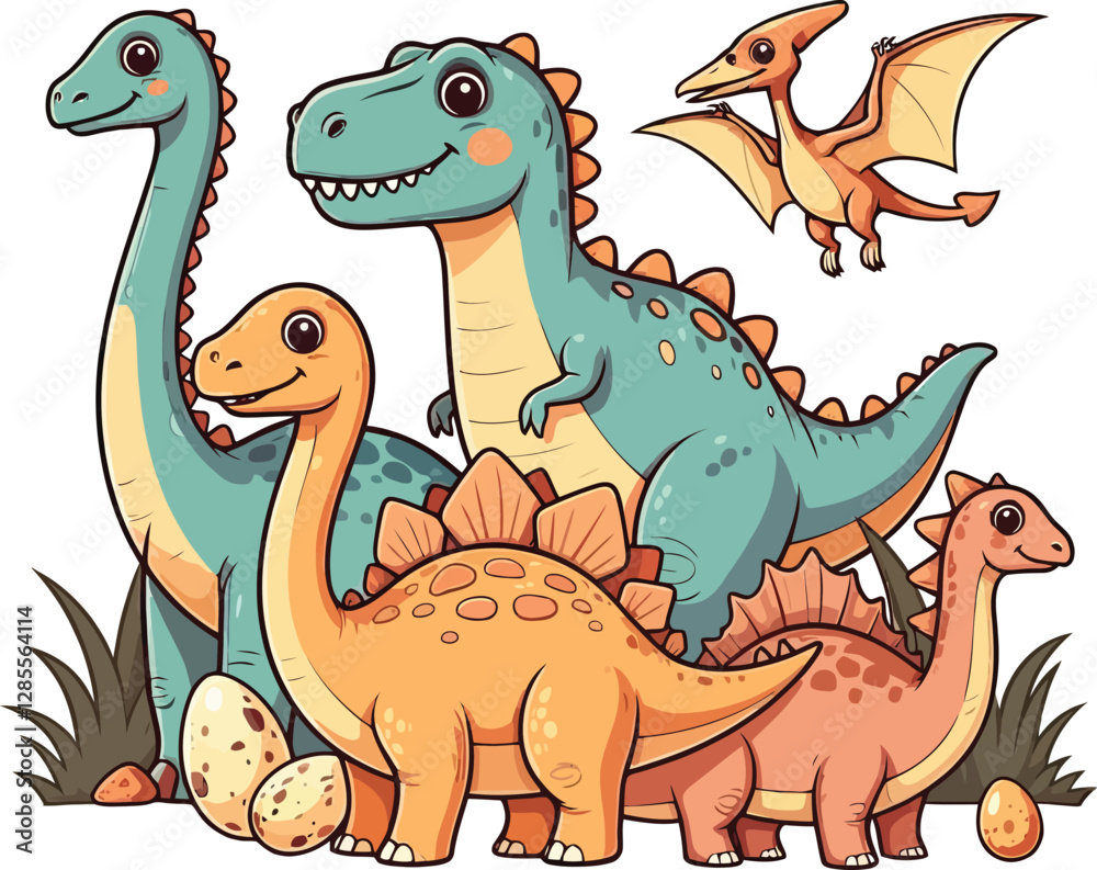 Naklejka premium Adorable Cartoon Dinosaurs Illustration Stegosaurus, T-Rex, Pterodactyl, and More