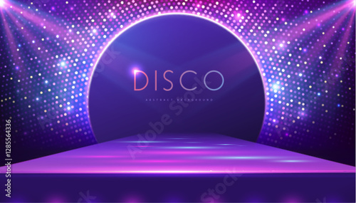 Disco party showcase background with 3d podium, disco ball sequin glitter texture and spot light beams. Disco ball background. Vector illustration