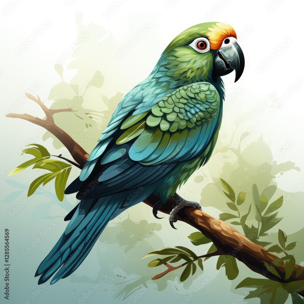 Fototapeta premium Tropical Parrot in Green Tones Illustrated in Flat Vector Style