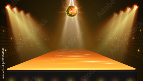 Disco party showcase background with 3d podium, disco ball and spot light beams. Disco ball golden background. Vector illustration