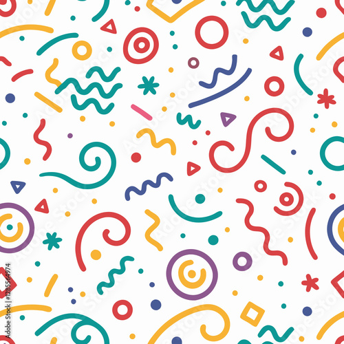 Colorful abstract seamless pattern with geometric shapes and lines on white background.