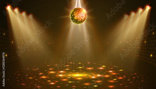 Disco party showcase background with neon dance floor, disco ball and spot light beams. Disco ball golden background. Vector illustration