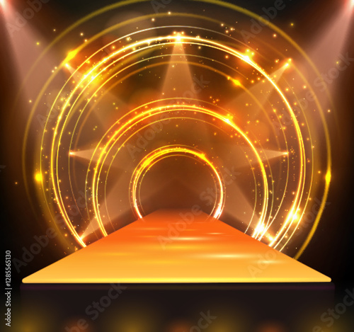 Disco party showcase background with 3d podium, neon light circles and spot light beams. Disco ball golden background. Vector illustration