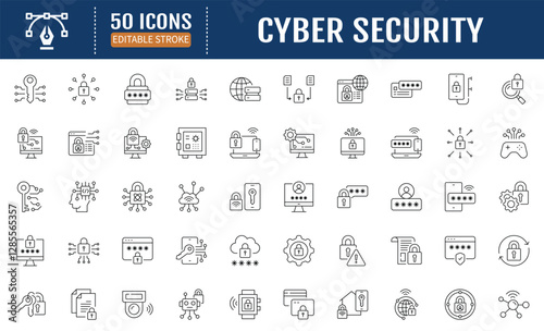 Cyber Security Line Editable Icon set. Containing data
protection, secure, security, antivirus, password,
accessibility, phishing, cyber crime, online privacy and
more. Vector Illustration
