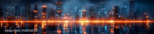 Stunning futuristic city skyline with glowing lights over water at night. Generative AI
