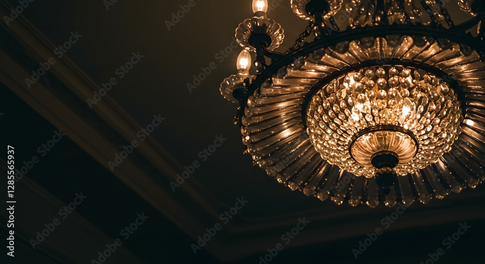 Fototapeta premium Elegant Crystal Chandelier Illuminates Dark Room Interior