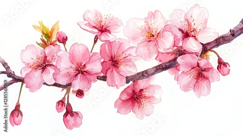 A watercolor illustration of pink cherry blossoms on a branch.