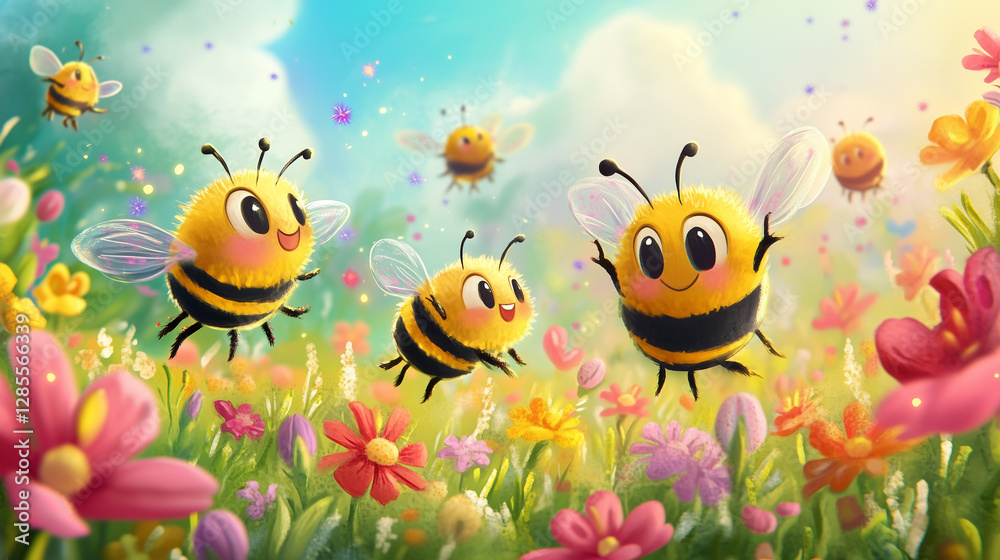 A group of friendly bumblebees bouncing and buzzing joyfully around a colorful field of flowers A group of friendly bumblebees bouncing and buzzing joyfully around a colorful field of flowers