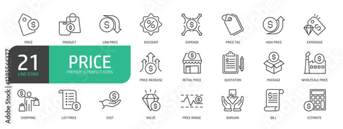 Set Of Price Line Icons. The set includes a  Discount, Expense, Price Increase, Quotation,  Wholesale Price,  Value, Price Range, Bargain, Bill, Estimate, and more.