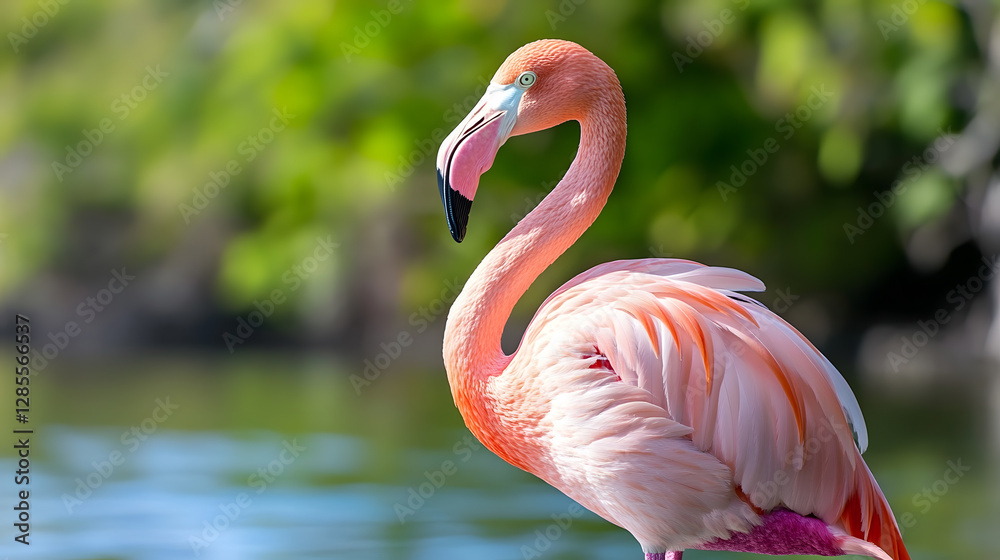 Obraz premium Elegant Flamingo in Lush Green Habitat by Tranquil Waters Under Bright Sunlight : Generative AI